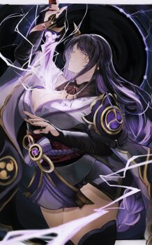 1girl absurdres arm_up armor asymmetrical_sleeves black_background blunt_bangs braid breasts bridal_gauntlets cleavage commentary_request drawing_sword electricity emiya_negi from_side genshin_impact glowing glowing_sword glowing_weapon hair_ornament highres holding holding_sword holding_weapon huge_breasts human_scabbard japanese_clothes kimono lingerie long_braid long_hair looking_at_viewer mitsudomoe_(shape) musou_isshin_(genshin_impact) neck_ribbon purple_eyes purple_hair purple_kimono purple_nails purple_thighhighs raiden_shogun red_ribbon ribbon sash shade shoulder_armor single_braid solo sword sword_between_breasts thighhighs thighs tomoe_(symbol) underwear uneven_sleeves upper_body weapon wide_sleeves