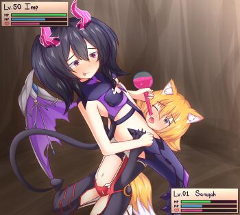 absurdres animal_ears aphrodisiac asphyxiation commission defeat demon_girl demon_horns demon_tail demon_wings domination dominatrix drugged drugs finishing_move flat_chest fox_ears fox_girl fox_tail futa_potion gameplay_mechanics head_between_thighs headscissor health_bar held_down helpless highres horns imminent_penetration imminent_rape kitsune kneeling level_difference level_drain loli nervous potion restrained sarayah scissorhold smug sonicphu struggling tail wings
