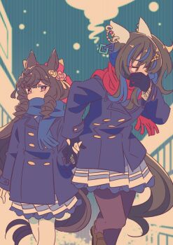 2girls animal_ears black_gloves black_pantyhose blue_coat blue_scarf bow braid brown_hair buttons coat daiichi_ruby_(umamusume) daitaku_helios_(umamusume) double-breasted drill_hair ear_covers ear_flower ear_ornament facial_tattoo flower gloves hair_between_eyes hair_bow hair_ornament hairclip holding_hands honkawa_works horse_ears horse_girl horse_tail long_hair multicolored_hair multiple_girls pantyhose pleated_skirt purple_eyes red_scarf scarf school_uniform side_ponytail skirt star_(symbol) star_hair_ornament streaked_hair tail tattoo tracen_school_uniform tracen_winter_coat twin_drills umamusume white_gloves white_pantyhose winter_clothes winter_coat winter_uniform yellow_eyes yuri