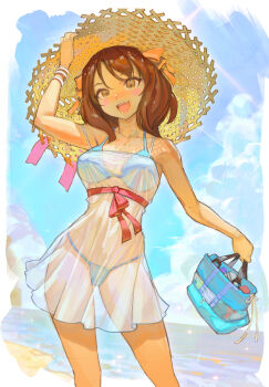 1girl :d bag bikini bikini_under_clothes blue_bikini breasts brown_eyes brown_hair covered_navel dress hair_ribbon hat holding holding_bag medium_breasts medium_hair open_mouth ribbon see-through_clothes see-through_dress smile solo standing straw_hat sun_hat suzumiya_haruhi suzumiya_haruhi_no_yuuutsu swimsuit thighs white_dress yellow_ribbon yugen99