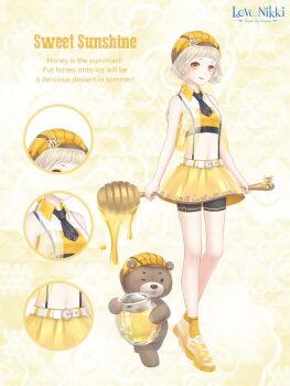 1girl :d artist_request bare_arms bare_legs bare_shoulders beanie bee bee_hat_ornament belt belt_buckle black_necktie black_shorts blonde_hair blunt_bangs buckle bug character_name close-up closed_mouth copyright_name crop_top detached_collar dot_nose dripping english_text floral_background full_body happy hat hat_ornament holding holding_behind_back holding_jar honey honey_dipper honeycomb_(pattern) insect jar light_blush logo midriff miniskirt miracle_nikki navel necktie nikki_(series) official_art open_clothes open_mouth open_vest pleated_skirt see-through_vest shirt shoes short_hair shorts shorts_under_skirt skirt smile sneakers socks solo standing strapless strapless_shirt striped_clothes striped_headwear stuffed_animal stuffed_toy suspender_skirt suspenders sweet_sunshine_(miracle_nikki) teddy_bear tongue tongue_out two-tone_vest vertical-striped_clothes vertical-striped_headwear vest white_belt white_socks white_vest yellow_background yellow_collar yellow_eyes yellow_hat yellow_shirt yellow_skirt yellow_socks yellow_vest