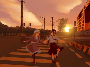 2girls :d absurdres black_hat black_pantyhose black_shoes black_skirt blonde_hair blue_eyes boots bow bowtie brown_boots brown_eyes brown_hair building cityscape closed_mouth cloud collared_dress collared_shirt contrast_collar dress evening frilled_dress frills hat hat_bow highres holding_hands leg_up long_sleeves looking_at_another maribel_hearn medium_hair mob_cap multiple_girls open_mouth pantyhose purple_dress scenery shirt shirt_tucked_in shoes skirt sleeve_garter slice_of_life smile socks sun sunset touhou traffic_light tree usami_renko user_xyar5524 utility_pole walking white_bow white_bowtie white_hat white_shirt white_socks