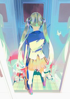 3girls absurdres aqua_eyes aqua_hair bag commentary door doorway english_commentary faceless facing_away floor from_behind gusamo hatsune_miku highres holding holding_bag indoors multiple_girls school_uniform stuffed_toy tile_floor tiles twintails vocaloid