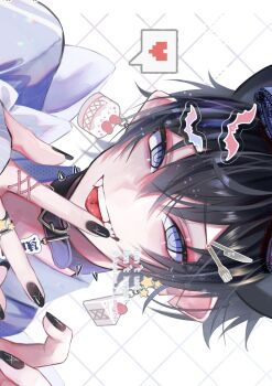 Rule 34 | 1boy, bat (animal), black nails, blue eyes, choker, earrings, fangs, fingernails, fork, hair between eyes, hashtag-only commentary, heart, highres, jewelry, kaminoq, knife, long fingernails, male focus, open mouth, original, piercing, pointy ears, smile, solo, tongue, tongue out, tongue piercing, white background