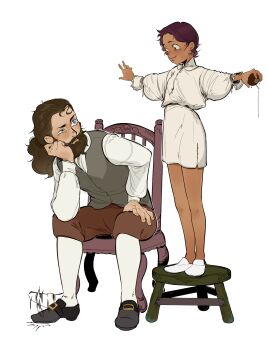 absurdres age_difference blouse buckled_shoes chair dark-skinned_female dark_skin emperor_belos grey_vest highres looking_at_another luz_noceda needle on_chair ponytail sewing_needle shirt standing_on_stool the_owl_house udonkokun vest white_shirt