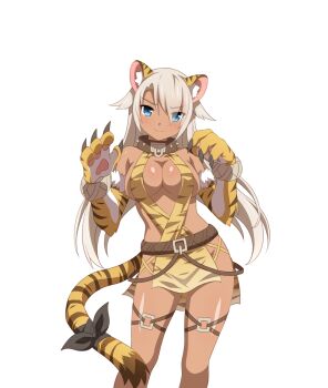 1girl animal_ears animal_hands blue_eyes claws evil_smile grey_hair highres leash official_art sakura_dungeon smile sprite tail tall_female tan tiger_(sakura_dungeon) tiger_ears tiger_paws tiger_tail wanaca