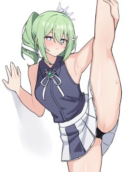 1girl absurdres against_wall arm_up armpits black_panties blush bright_pupils brooch closed_mouth collared_shirt commentary_request gem green_gemstone green_hair grey_shirt hair_between_eyes hand_up highres invisible_wall jewelry korean_commentary legs long_bangs looking_at_viewer maksagwa medium_hair miniskirt neck_ribbon panties pantyshot pleated_skirt purple_eyes ribbon shirt simple_background skirt sleeveless sleeveless_shirt solo split standing standing_on_one_leg standing_split stellive sweat twintails underwear virtual_youtuber white_background white_pupils white_ribbon white_skirt wing_collar yuzuha_riko