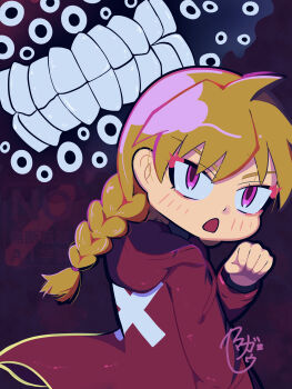 Rule 34 | 1girl, 1other, absurdres, blonde hair, braid, coat, commentary request, demon, eatm7772, extra eyes, gabriel (yomi no tsugai), gabu (yomi no tsugai), highres, hood, hoodie, looking at viewer, pink eyes, red coat, red hoodie, signature, teeth, yomi no tsugai