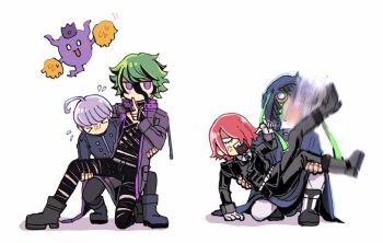 &gt;_&lt; 4boys ahoge anger_vein angry bandaged_chest bandaged_leg bandages belt black_footwear black_jacket black_pants blue_cloak boots carrying carrying_person cloak closed_eyes coat collared_shirt commentary_request crown failure flying_sweatdrops full_body ghost green_hair hair_between_eyes hair_over_one_eye hanabusashu highres holding holding_pom_poms hood hood_up hooded_cloak horns jacket kicking lifting_person long_sleeves looking_to_the_side master_detective_archives:_rain_code monocle multicolored_hair multiple_boys open_clothes open_coat open_mouth pants pom_pom_(cheerleading) pom_poms purple_eyes purple_hair red_hair screaming seth_burroughs shinigami_(ghost)_(rain_code) shinigami_(rain_code) shirt short_hair simple_background sitting smile streaked_hair vivia_twilight white_background white_belt white_shirt yomi_hellsmile yuma_kokohead