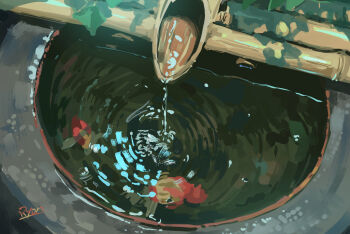 artist_name bamboo commentary_request highres no_humans original ripples ryon40716441 shishi_odoshi still_life water
