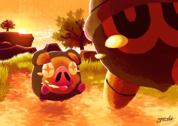 +_+ 5xichi absurdres gen_3_pokemon grass highres lechonk nintendo no_humans orange_theme outdoors pokemon pokemon_(creature) running saliva seedot sunrise tearing_up tree