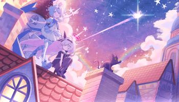 2girls absurdres arms_up arona_(blue_archive) black_cat black_dress black_pantyhose blue_archive blue_hair boots building cat chimney chokkon cloud dress gloves halo high_heels highres house long_hair magical_girl multicolored_hair multiple_girls on_roof open_mouth origami pantyhose paper_crane pink_hair plana_(blue_archive) rainbow ribbon rooftop short_hair spire squatting star_(sky) striped_clothes striped_thighhighs thighhighs tile_roof tower two-tone_hair white_hair