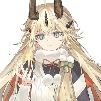 Rule 34 | 1girl, absurdres, ahoge, arknights, blonde hair, bow, brown horns, chinese commentary, closed mouth, commentary request, da hulu de naiyou, fingernails, fire, green bow, green eyes, hand up, highres, horns, light smile, long hair, long sleeves, magic, official alternate costume, orange ribbon, pom pom (clothes), pyrokinesis, reed (arknights), reed the flame shadow (arknights), reed the flame shadow (glowing flame in the night) (arknights), ribbon, scarf, simple background, solo, split mouth, upper body, white background, white scarf