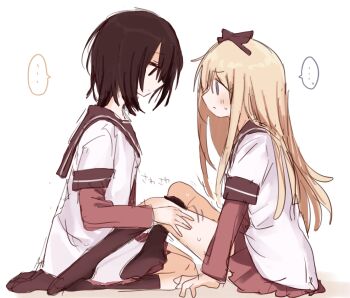 ... 2girls black_bow black_socks blonde_hair blue_eyes blush bow bow_hairband brown_hair funami_yui hairband hand_on_another's_thigh highres kneehighs layered_sleeves long_hair long_sleeves medium_hair migimiya_yoru multiple_girls nanamori_school_uniform red_skirt school_uniform shirt short_over_long_sleeves short_sleeves simple_background skirt socks spoken_ellipsis sweat toshinou_kyouko white_background white_shirt yuri yuruyuri