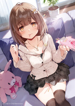 1girl between_thighs black_bra black_camisole black_skirt black_thighhighs blurry blurry_background bra bra_peek breasts brown_cardigan brown_eyes brown_hair brown_thighhighs camisole cardigan cleavage collarbone commentary_request couch curtains day depth_of_field feet_out_of_frame flower food food_in_mouth hair_flower hair_ornament hands_up holding indoors jacket jewelry long_hair long_sleeves looking_at_viewer medium_breasts miyase_mahiro mouth_hold necklace on_couch original panties pillow plaid_clothes plaid_skirt plant pleated_skirt pocky pocky_in_mouth potted_plant sitting skirt solo stuffed_animal stuffed_rabbit stuffed_toy sunlight thighhighs thighs transparent underwear white_jacket white_panties window wooden_floor