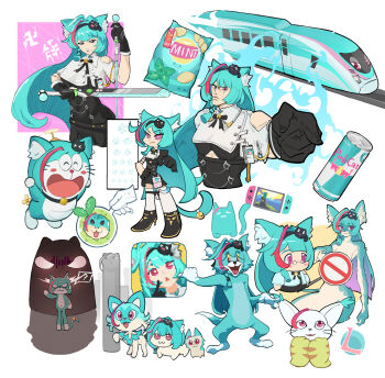 1girl absurdres animal_ear_fluff animal_ears aqua_hair black_gloves bleach cat_ears cat_girl commentary doraemon doro_(nikke) gloves highres jojo_no_kimyou_na_bouken kamisa_(8381272) long_hair meme mint_(nte) multicolored_hair neverness_to_everness panty_&amp;_stocking_with_garterbelt pink_eyes pink_hair streaked_hair tagme thighhighs tom_and_jerry white_thighhighs