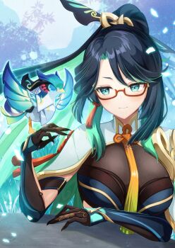 Rule 34 | 1girl, adversarial noise, azuma yuki, black gloves, black hair, blue eyes, blush, breasts, capelet, closed mouth, commentary request, elbow gloves, genshin impact, glasses, gloves, green hair, hand up, high ponytail, highres, large breasts, multicolored hair, ponytail, red-framed eyewear, semi-rimless eyewear, smile, two-tone hair, under-rim eyewear, upper body, white capelet, xianyun (genshin impact)
