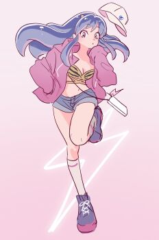 1girl animal_print blue_shorts breasts cleavage cone_horns gradient_background hand_in_pocket highres horns jacket lightning_bolt_symbol long_hair looking_at_viewer lum midriff navel pink_background pink_jacket pointy_ears purple_hair short_shorts shorts sidelocks socks solo standing standing_on_one_leg tiger_print urusei_yatsura white_socks yuuinami