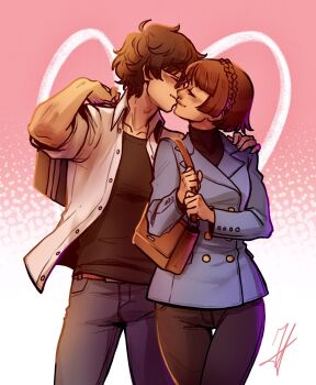 Rule 34 | 1boy, 1girl, amamiya ren, bag, black hair, black pants, black shirt, blue jacket, blue pants, brown hair, cocosnowlo-drawings, couple, cropped legs, hand on another's shoulder, handbag, hetero, highres, jacket, kiss, niijima makoto, pants, persona, persona 5, shirt, simple background, smile, standing