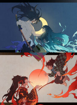 4boys abs absurdres aqua_hair battle beckoning black_hair black_pants blue_scarf boots brown_hair charging_forward checkered_clothes clenched_teeth cloak comparison contrast cowboy_shot crescent_moon demon_boy demon_slayer_uniform earrings extra_eyes eye_contact facing_another fire floating_hair from_side grey_background hakama hand_up haori headband height_difference highres japanese_clothes jewelry jumping kamado_tanjirou katana kimetsu_no_yaiba kirihara_fuko knee_boots kokushibou letterboxed long_hair long_sleeves looking_at_another mask moon multicolored_hair multiple_boys outstretched_arm pants pants_tucked_in ponytail profile reaching sash scar scar_on_face scar_on_forehead scarf smile spoilers square sun sword teeth tokitou_muichirou topless_male torn_clothes tsugikuni_michikatsu tsugikuni_yoriichi two-tone_hair unsheathed very_long_hair weapon wide_sleeves