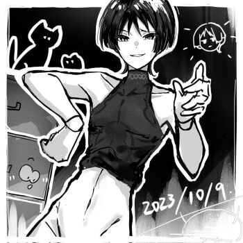 1boy blunt_ends bottomless c_ixxp cabinet cat covered_collarbone cropped_shirt dated disembodied_head doll_joints elbow_rest furrowed_brow genshin_impact greyscale groin hand_up joints male_focus monochrome navel parted_lips raised_eyebrow scaramouche_(genshin_impact) shirt sleeveless sleeveless_shirt smirk solo tsurime turtleneck turtleneck_shirt wanderer_(genshin_impact) wispy_bangs