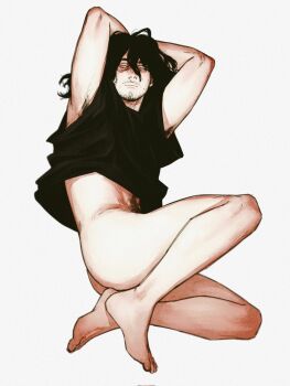 1boy aizawa_shota armpit_hair arms_behind_head arms_up ass beard_stubble black_hair black_shirt boku_no_hero_academia bottomless commentary facial_hair feet full_body hair_between_eyes highres long_hair male_focus male_pubic_hair pubic_hair shirt simple_background smokerichi solo stubble thighs white_background