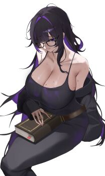 1girl absurdres bare_shoulders black-framed_eyewear black_dress black_hair book breasts cleavage colored_inner_hair commentary dress glasses goddess_of_victory:_nikke hair_over_one_eye highres label_(nikke) large_breasts long_hair looking_at_viewer mole mole_on_breast multicolored_hair nevin_(flyskying) purple_eyes solo sweat symbol-only_commentary two-tone_hair veins veiny_breasts