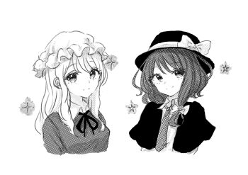 2girls black_capelet black_hat blonde_hair bow brown_hair capelet collar commentary dress dress_ribbon greyscale hair_between_eyes hair_bow hat hat_bow highres kashiwada_kiiho long_dress long_hair looking_at_viewer maribel_hearn monochrome multiple_girls necktie shirt short_hair simple_background smile star_(symbol) touhou usami_renko white_background white_bow white_collar white_hat white_shirt