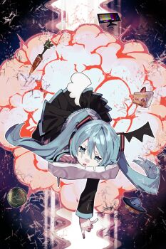 1girl aqua_eyes aqua_hair aqua_nails asymmetrical_wings cabbage cake cake_slice carrot commentary_request crying drooling food grey_shirt hatsune_miku highres long_hair lying miniskirt mismatched_wings pleated_skirt shirt skirt solo soyaka strawberry_shortcake sukina_koto_dake_de_ii_desu_(vocaloid) tears television twintails ufo vocaloid wings