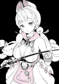 1girl alice_thymefield alice_thymefield_(sea_of_thyme) animal_ears ben-day_dots black_background braid breasts cleavage ddal dress_swimsuit hair_ornament highres holding holding_weapon large_breasts long_hair looking_at_viewer rabbit_ears rabbit_girl screentones simple_background solo sphere_hair_ornament spot_color very_long_hair weapon zenless_zone_zero