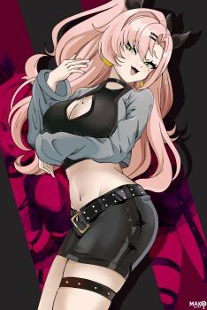 1girl absurdres belt belt_buckle black_belt black_choker black_ribbon black_shirt black_skirt breasts buckle choker cleavage cleavage_cutout clothing_cutout commentary commentary_request cowboy_shot cropped_jacket cropped_shirt earrings english_commentary from_behind green_eyes grey_jacket hair_between_eyes hair_ornament hair_ribbon hairclip hand_up highres jacket jewelry kurimako large_breasts long_hair long_sleeves looking_at_viewer miniskirt mixed-language_commentary mole mole_on_breast mole_under_eye navel nicole_demara open_clothes open_jacket open_mouth parallel_hairclips parted_bangs pink_hair ribbon shirt skirt smile solo_focus stomach thigh_strap two_side_up zenless_zone_zero