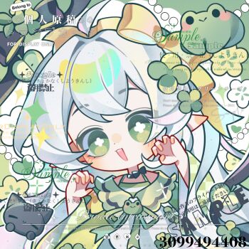 Rule 34 | 1girl, ahoge, artist name, black cat, bow, cat, chibi, choker, clover, clover hair ornament, cross-shaped pupils, dress, flower-shaped pupils, four-leaf clover, green bow, green eyes, green hair, green theme, hair bow, hair ornament, hands up, heart, highres, long hair, long sleeves, looking at viewer, maguaxiaoxingqiu, multicolored hair, open mouth, original, pointy ears, ribbon, sample watermark, smile, solo, symbol-shaped pupils, teeth, too many watermarks, upper body, upper teeth only, watermark, white dress, white hair, wide sleeves, yellow bow