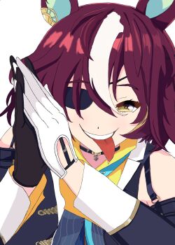 animal_ears asymmetrical_gloves brown_hair eyepatch gloves highres horse_ears horse_girl majes74 meme mismatched_gloves multicolored_hair own_hands_together saliva shirt tanino_gimlet_(embodiment_of_keravnos)_(umamusume) tanino_gimlet_(umamusume) tongue tongue_out two-tone_hair umamusume white_background white_hair yellow_eyes yellow_shirt zesty_sonic_(meme)