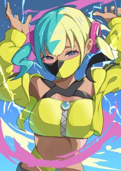 1girl absurdres arms_up bandeau blue_eyes canari_(pokemon) commentary_request glint half-closed_eyes highres jacket long_sleeves looking_at_viewer mask mouth_mask nail_polish nakaon nintendo open_clothes open_jacket pokemon pokemon_legends:_z-a solo upper_body yellow_bandeau yellow_jacket zipper zipper_pull_tab