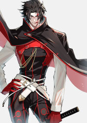 Rule 34 | 1boy, absurdres, belt, black coat, black hair, blood, blood on face, coat, fate/grand order, fate (series), gloves, haruakira, highres, hijikata toshizou (fate), holding, jacket, katana, licking, licking blood, long sleeves, male focus, multicolored coat, multiple belts, red coat, red gloves, red trim, shirt, short hair, smile, solo, sword, two-tone coat, weapon, white belt