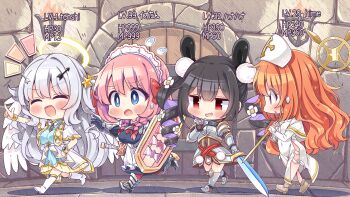 4girls :d :o absurdres angel angel_wings animal_ears armor armored_boots armored_dress armored_gloves arrow_hair_ornament black_hair blue_eyes blunt_bangs blush boots bow braid breasts bright_pupils character_name chibi chibi_only colored_inner_hair commentary_request dress drill_hair dungeon flower flying_sweatdrops full_body fuuga_himeno game_cg hair_bow hair_flower hair_ornament halo hand_up highres holding holding_shield holding_sword holding_weapon index_finger_raised indoors jitome large_breasts long_hair looking_at_another maid maid_headdress multicolored_hair multiple_girls notice_lines official_art ogata_iori open_mouth orange_hair pink_hair pom_pom_(clothes) pom_pom_hair_ornament promotional_art purple_hair rabbit_ears red_bow red_eyes ren&#039;ai_hajimemashite shield sideless_dress smile star_(symbol) star_hair_ornament sweatdrop sword takahero tareme tenshi-chan_(ren&#039;ai_hajimemashite) twin_braids twin_drills two-tone_hair v-shaped_eyebrows very_long_hair waking_up walking wavy_hair weapon white_dress white_flower white_pupils white_wings wings yellow_halo