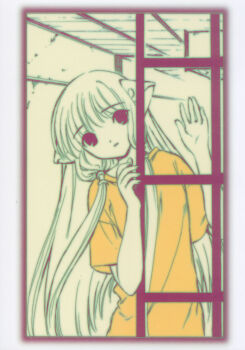 00s 1girl chii chobits clamp clamp_(circle) highres long_hair looking_at_viewer official_art oversized_clothes oversized_shirt postcard_(medium) shirt short_sleeves t-shirt very_long_hair window yellow_shirt