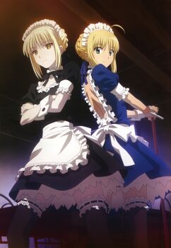2girls absurdres ahoge amano_yo-ki apron artoria_pendragon_(fate) backless_dress backless_outfit bare_back black_bow black_neckerchief black_ribbon black_skirt black_socks black_thighhighs blonde_hair blue_bow blue_ribbon blue_skirt bow braid breasts broom carnival_phantasm closed_mouth crossed_arms dress fate_(series) female_focus flat_chest green_eyes hair_bow hair_bun hair_ribbon highres holding holding_broom indoors layered_skirt legs looking_at_viewer looking_back maid maid_apron maid_headdress medium_hair medium_skirt multiple_girls neckerchief no_bra nyantype official_alternate_costume puffy_short_sleeves puffy_sleeves ribbon saber_(fate) saber_alter scan sexually_suggestive short_sleeves single_hair_bun skirt small_breasts smile socks thighhighs thighs type-moon white_apron white_headdress white_wrist_cuffs wrist_cuffs yellow_eyes zettai_ryouiki