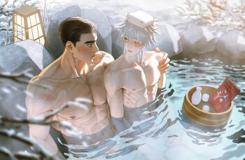2boys arm_around_shoulder black_hair blurry blurry_foreground blush book bottle choko_(cup) cup grey_hair hair_between_eyes hair_slicked_back hand_on_another's_shoulder hatake_kakashi highres lantern looking_at_another m0_mo_momo male_focus might_guy multiple_boys muscular muscular_male naked_towel naruto_(series) navel one_eye_closed onsen outdoors pale_skin parted_lips partially_submerged sake_bottle scar scar_across_eye scar_on_face shared_bathing short_hair snow spiked_hair tan thick_eyebrows towel towel_around_waist towel_on_head wet winter yaoi