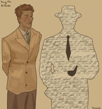 1boy 1other adjusting_clothes adjusting_necktie arms_behind_back black_necktie black_outline brown_eyes brown_hair collared_shirt english_text faceless facing_viewer fake_transparency fedora formal_clothes green_necktie hair_slicked_back hand_in_pocket hat highres looking_at_another male_focus necktie original outline shirt smile sonaireeart standing suit text_background upper_body white_shirt yellow_suit