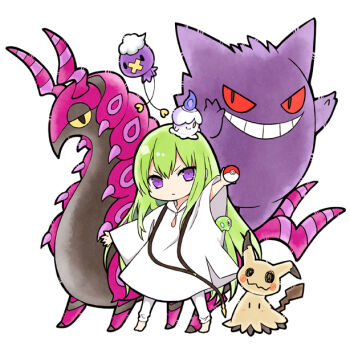 1boy barefoot commentary_request crossover drifloon enkidu_(fate) fate/grand_order fate_(series) gen_1_pokemon gen_4_pokemon gen_5_pokemon gen_6_pokemon gen_7_pokemon gengar green_hair holding holding_poke_ball kingu_(fate) legendary_pokemon litwick long_hair male_focus mimikyu nintendo on_head pants poke_ball poke_ball_(basic) pokemon pokemon_(creature) pokemon_on_head purple_eyes robe scolipede v-shaped_eyebrows very_long_hair white_pants white_robe yoyo_9ea zygarde zygarde_core