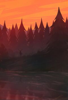 animal artist_name faceless facing_viewer forest lake landscape moose mountainous_horizon nature no_humans orange_light original outdoors reflection reflective_liquid ripples riverbank scenery signature silhouette sunset zandra