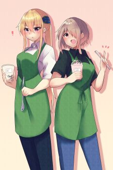 2girls apron black_shirt blonde_hair brown_hair commentary_request cup disposable_cup green_apron heaven_burns_red highres kayamori_ruka long_hair multiple_girls open_mouth purple_eyes puyopiku red_eyes shirakawa_yuina shirt short_hair spoon white_shirt