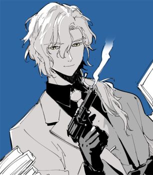 1boy alternate_hairstyle blue_background closed_mouth collared_shirt fate/grand_order fate_(series) finger_on_trigger formal_clothes gloves gun hair_between_eyes hair_over_shoulder hand_up handgun holding holding_gun holding_weapon jacket long_hair long_sleeves looking_at_viewer low_ponytail m-tobiei male_focus marisbury_animusphere monochrome necktie parted_bangs ponytail shirt simple_background smile smoke smoking_barrel solo spot_color suit tie_clip upper_body weapon yellow_eyes