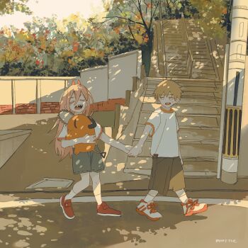 Rule 34 | 1boy, 1girl, artist name, blonde hair, chainsaw, chainsaw man, closed eyes, commentary request, demon girl, demon horns, denji (chainsaw man), hair between eyes, highres, holding hands, horns, ice morinaka, long hair, open mouth, outdoors, pochita (chainsaw man), power (chainsaw man), red horns, sharp teeth, shirt, shoes, short hair, shorts, sneakers, socks, teeth, walking