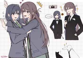 2girls animalization black_jacket blush braid brown_hair cat chinese_commentary commentary_request dog fang green_necktie grey_hair grey_jacket haidao_mao hair_between_eyes half_up_braid highres jacket kabedon long_hair medium_hair miyagi_shiori multiple_girls necktie open_clothes open_jacket open_mouth purple_eyes school_uniform sendai_hazuki shuuniichido_classmate_wo_kau_hanashi