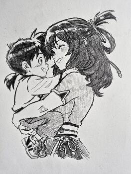 Rule 34 | 1boy, 1girl, absurdres, ao no kiseki, blush, carrying, carrying person, closed eyes, commentary, cropped torso, eiyuu densetsu, english commentary, facing another, from side, graphite (medium), grin, hair rings, highres, if they mated, long sleeves, looking at another, medium hair, mother and son, pants, ponytail, rixia mao, shoes, short ponytail, short sleeves, single hair ring, smile, takuu (seadog6662), traditional media