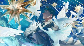 1boy absurdres bird black_hair black_necktie blue_eyes dove gloves hat highres insignia jacket long_sleeves looking_to_the_side male_focus military_hat military_uniform mori_hisato necktie original peaked_cap profile shirt space star_(sky) white_gloves white_shirt