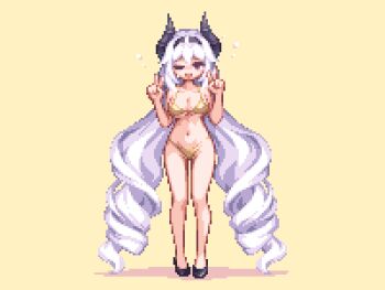 Rule 34 | 1girl, absurdly long hair, asicah, bikini, black shoes, breasts, cleavage, commentary, dioreta (asicah), double v, full body, gold bikini, golden week, grey hair, hairband, hands up, high heels, horns, long hair, medium breasts, navel, original, pixel art, shoes, simple background, solo, standing, swimsuit, untranslatable commentary, v, very long hair, yellow background