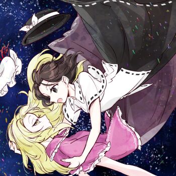 2girls black_skirt blonde_hair brown_eyes brown_hair closing_eyes falling fedora feet_out_of_frame frilled_skirt frilled_sleeves frills hat highres holding long_hair maribel_hearn mob_cap multiple_girls pink_shirt purple_eyes purple_skirt shirt short_hair short_sleeves skirt space taboo_japan_disentanglement tama_(hiroshige_36) touhou unworn_headwear upper_body usami_renko white_shirt wind